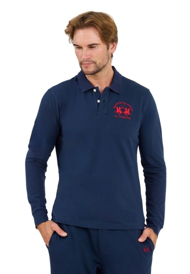 La Martina - LA MARTINA Granatowy męski longsleeve polo Piquet Stretch, Rozmiar XL. Typ kołnierza: polo. Kolor: czarny. Długość rękawa: długi rękaw