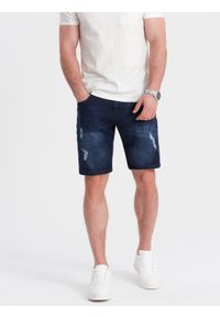 Ombre Clothing - Krótkie spodenki męskie jeansowe z dziurami – ciemnoniebieskie V3. Okazja: na co dzień. Kolor: niebieski. Materiał: jeans. Długość: krótkie. Wzór: aplikacja. Styl: klasyczny, casual
