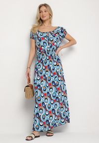 Born2be - Niebieska Sukienka z Geometrycznym Wzorem i Hiszpańskim Dekoltem Tosile. Okazja: na co dzień. Kolor: niebieski. Długość rękawa: długi rękaw. Wzór: geometria. Sezon: lato. Styl: klasyczny, casual, elegancki #4