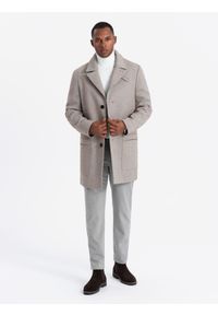 Ombre Clothing - Jednorzędowy wzorzysty męski płaszcz z kieszeniami – popielaty V1 - Rozmiar: XL. Typ kołnierza: kołnierz rewers. Kolor: szary. Materiał: syntetyk, tkanina, poliester, materiał. Wzór: ze splotem #6