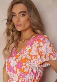 Renee - Pomarańczowa Sukienka z Wiskozy w Kwiaty z Wiązanym Paskiem Malore. Kolor: pomarańczowy. Materiał: wiskoza. Wzór: kwiaty. Typ sukienki: rozkloszowane. Styl: wakacyjny #3