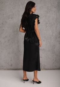 Renee - Czarny Bawełniano-Wiskozowy Komplet z Koronkową Bluzką i Satynową Sukienką Peisiete. Kolor: czarny. Materiał: satyna, bawełna, wiskoza, koronka. Wzór: koronka #4