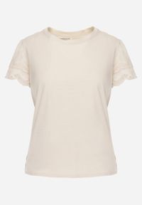 Renee - Beżowy T-shirt z Bawełny z Rękawami z Koronki Hycis. Kolor: beżowy. Materiał: bawełna, koronka. Wzór: koronka #7