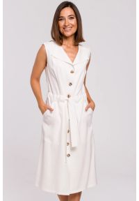 Sukienki.shop - Sukienka koszulowa na lato szmizjerka z paskiem ecru. Typ kołnierza: kolnierz wykładany. Materiał: materiał. Sezon: lato. Typ sukienki: szmizjerki, koszulowe. Długość: midi #3