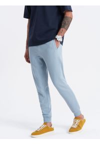 Ombre Clothing - Męskie spodnie dresowe typu jogger - niebieskie V7. Okazja: na co dzień. Kolor: niebieski. Materiał: dresówka. Wzór: aplikacja. Styl: casual