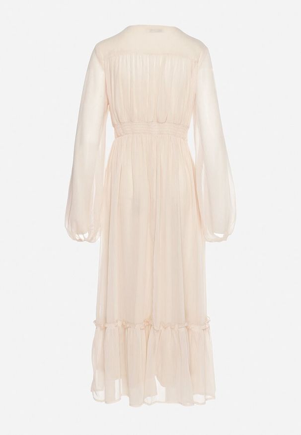 Born2be - Beżowa Sukienka Koktajlowa z Bufiastymi Rękawami Falbankami i Ozdobnymi Guzikami Binxa. Typ kołnierza: kołnierz z falbankami. Kolor: beżowy. Styl: wizytowy