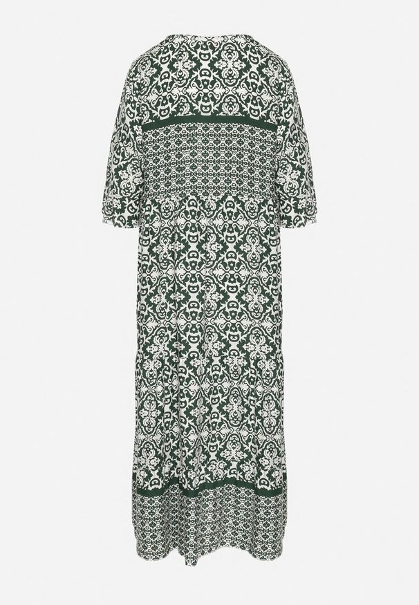 Born2be - Zielona Bawełniana Sukienka w Stylu Boho z Wiązaniem Przy Dekolcie Orradelle. Okazja: na co dzień. Kolor: zielony. Materiał: bawełna. Typ sukienki: proste. Styl: boho