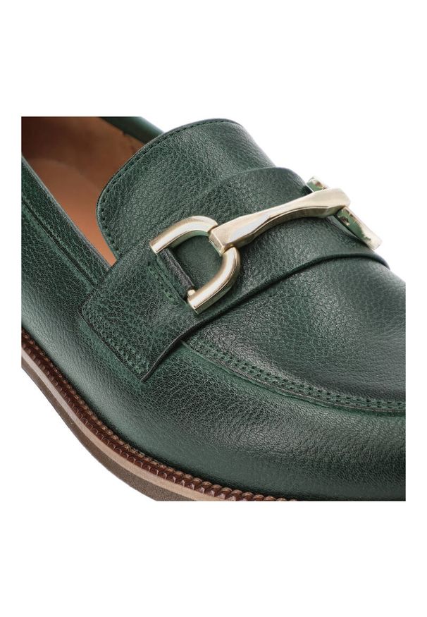 Zielone Mokasyny Exquisite Stylowe Obuwie Damskie. Okazja: na spacer. Zapięcie: klamry. Kolor: zielony. Materiał: skóra, materiał. Obcas: na obcasie. Styl: elegancki. Wysokość obcasa: średni