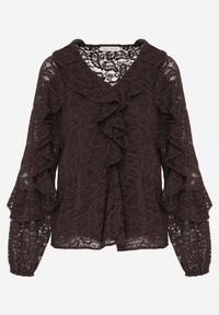 Born2be - Brązowa Bluzka z Koronki Ozdobiona Falbankami Sewola. Typ kołnierza: kołnierz z falbankami. Kolor: brązowy. Materiał: koronka. Wzór: koronka, aplikacja. Styl: elegancki #6