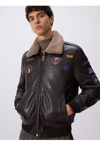 Reserved - Skórzana kurtka z kołnierzem - brązowy. Kolor: brązowy. Materiał: skóra #1