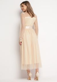 Born2be - Beżowa Rozkloszowana Sukienka Maxi z Siateczki Ozdobiona Koronką Vireln. Kolor: beżowy. Materiał: koronka. Wzór: aplikacja, koronka. Długość: maxi #7