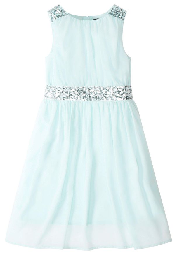 bonprix - Sukienka szyfonowa z cekinami. Okazja: na imprezę. Kolor: zielony. Materiał: szyfon. Długość rękawa: na ramiączkach. Wzór: aplikacja