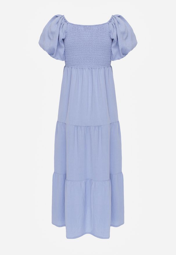Renee - Jasnoniebieska Sukienka z Wiskozy o Rozkloszowanym Kroju z Bufiastymi Rękawkami Rosena. Kolor: niebieski. Materiał: wiskoza. Długość rękawa: krótki rękaw. Sezon: lato. Typ sukienki: rozkloszowane. Długość: maxi