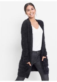 bonprix - Długi kardigan z dzianiny z długim włosem. Kolekcja: plus size. Kolor: czarny. Materiał: dzianina. Długość rękawa: długi rękaw. Długość: długie #1