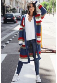 BE Knit - Kolorowy długi sweter kardigan narzutka z modnym splotem. Materiał: materiał, akryl. Długość rękawa: długi rękaw. Długość: długie. Wzór: ze splotem, kolorowy #4