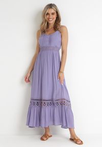 Born2be - Fioletowa Rozkloszowana Sukienka z Koronką na Ramiączkach Sawita. Kolor: fioletowy. Materiał: koronka. Długość rękawa: na ramiączkach. Wzór: koronka. Styl: wakacyjny #1