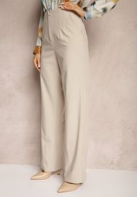 Renee - Beżowe Szerokie Spodnie z Imitacją Kieszeni Garniturowe High Waist Iriniael. Stan: podwyższony. Kolor: beżowy. Materiał: tkanina #5