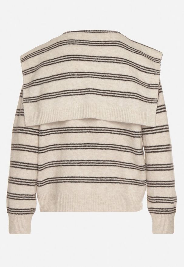 Born2be - Beżowy Kardigan w Paski z Domieszką Wełny z Dodatkową Narzutką Fedina. Kolor: beżowy. Materiał: wełna. Długość rękawa: długi rękaw. Długość: długie. Wzór: paski. Styl: klasyczny, elegancki