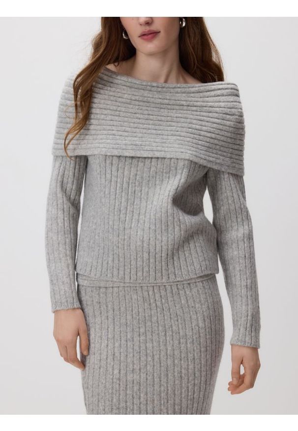 Reserved - Sweter z odkrytymi ramionami - jasnoszary. Kolor: szary. Materiał: wełna, dzianina
