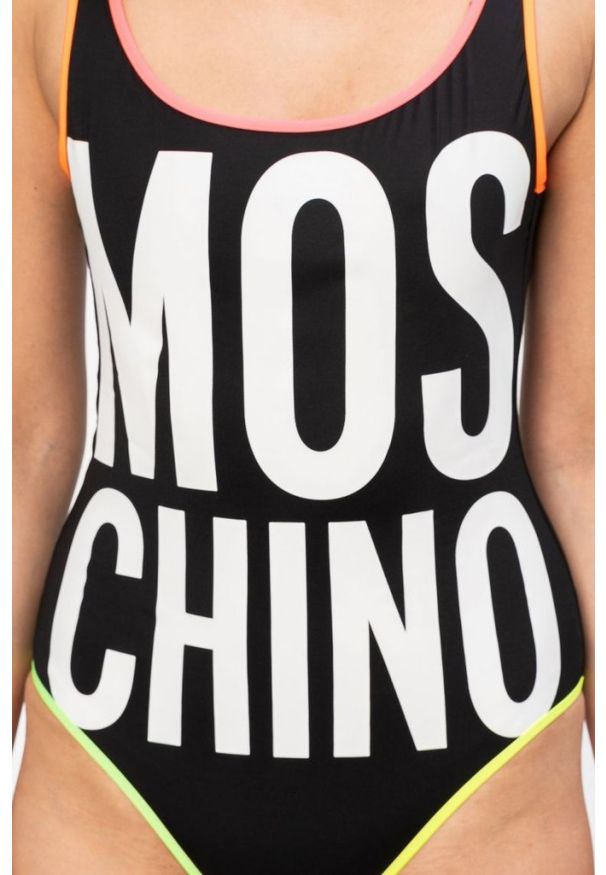 MOSCHINO Czarny strój kąpielowy z neonowymi lamówkami. Kolor: czarny. Wzór: aplikacja, nadruk