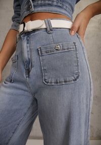 Renee - Niebieskie Szerokie Jeansy High Waist z Kieszonkami Thellona. Okazja: na co dzień. Stan: podwyższony. Kolor: niebieski. Wzór: aplikacja. Styl: casual #2