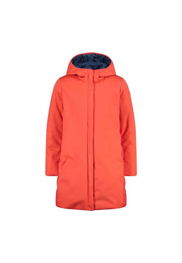 Kurtka z kapturem dla dziewczynki CMP. Typ kołnierza: kaptur. Kolor: czerwony, wielokolorowy, pomarańczowy. Materiał: puch