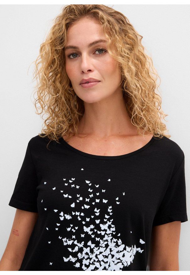 bonprix - Shirt z przędzy mieszankowej, krótki rękaw. Kolor: czarny. Długość rękawa: krótki rękaw. Długość: krótkie. Wzór: nadruk