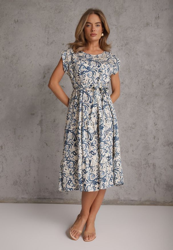 Renee - Niebieska Pudełkowa Sukienka z Wiskozy w Abstrakcyjny Print z Paskiem Palagea. Okazja: do pracy. Kolor: niebieski. Materiał: wiskoza. Wzór: nadruk. Styl: elegancki