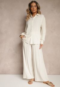 Renee - Beżowy Komplet Oversize z Lnu i Wiskozy Koszula i Szerokie Spodnie Mirandrela. Kolor: beżowy. Materiał: wiskoza, len