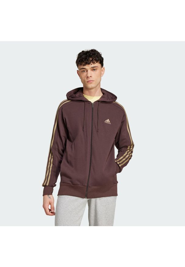 Adidas - Essentials French Terry 3-Stripes Full-Zip Hoodie. Kolor: brązowy