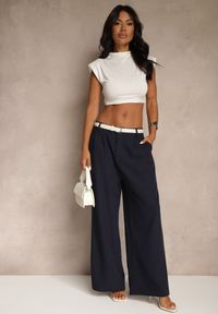 Renee - Granatowe Spodnie o Szerokim Kroju High Waist Dolarenna. Okazja: na co dzień. Stan: podwyższony. Kolor: niebieski. Styl: elegancki, casual #5