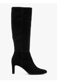 Ryłko - Czarne kozaki z szeroką cholewką. Zapięcie: zamek. Kolor: czarny. Materiał: skóra, welur. Szerokość cholewki: szeroka. Obcas: na obcasie. Styl: street, elegancki. Wysokość obcasa: średni #1