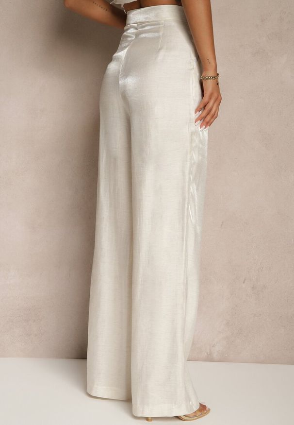 Renee - Beżowe Spodnie z Wiskozą i Lnem o Szerokim Kroju Maveleine. Kolor: beżowy. Materiał: wiskoza, len. Wzór: aplikacja. Styl: elegancki, klasyczny