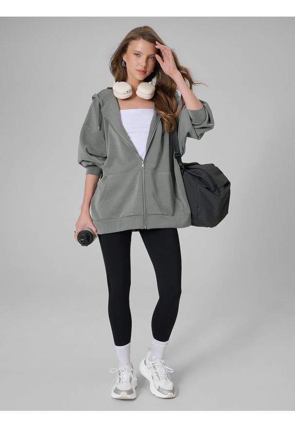 4f - 4F Bluza dresowa oversize z modalem damska - szara L. Okazja: na co dzień. Kolor: szary. Materiał: dresówka. Wzór: gładki. Styl: casual