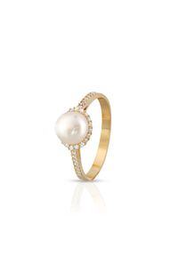 W.KRUK - Pierścionek złoty perła z cyrkoniami. Materiał: złote. Kolor: złoty. Wzór: aplikacja. Kamień szlachetny: cyrkonia, perła