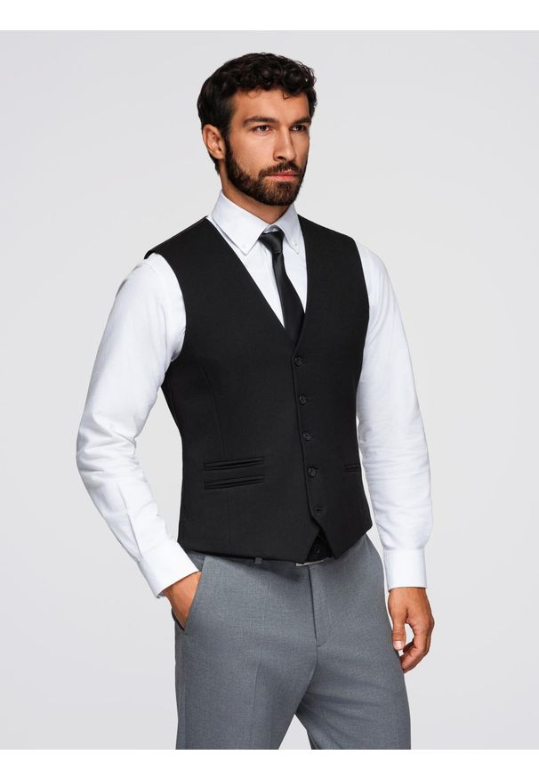 Ombre Clothing - Męska kamizelka garniturowa z klasycznym detalem i podszewką – czarna V4 - Rozmiar: M. Kolor: czarny. Materiał: wiskoza, poliester, materiał. Styl: klasyczny