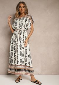 Renee - Biała Wiskozowa Sukienka o Pudełkowym Kroju w Etniczny Print Miriliana. Okazja: na co dzień. Kolor: biały. Materiał: wiskoza. Wzór: nadruk. Typ sukienki: proste. Styl: elegancki, casual