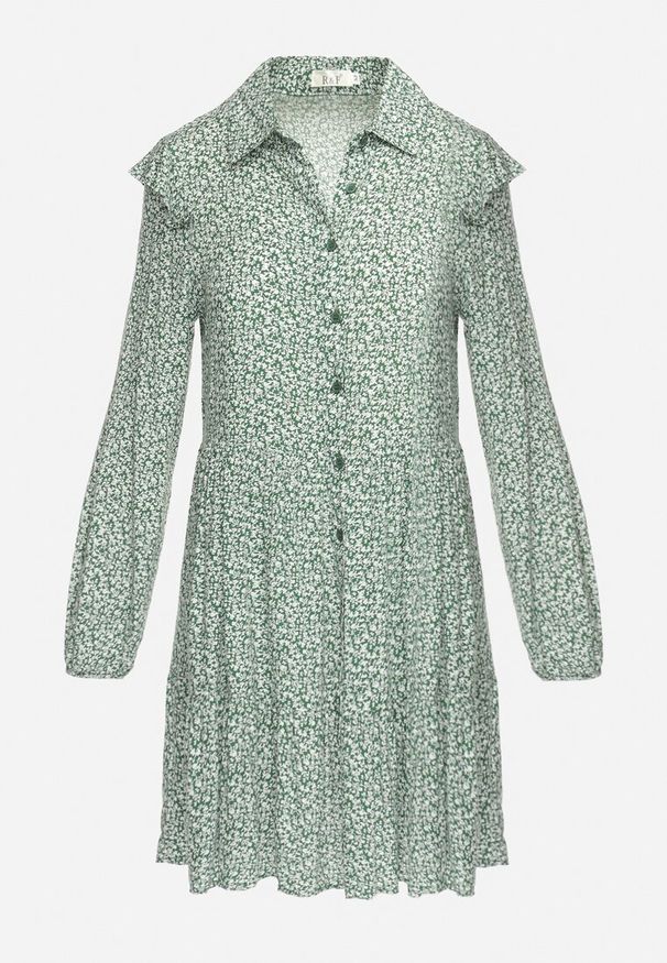 Born2be - Zielona Rozkloszowana Sukienka Mini w Kwiaty z Falbankami na Ramionach Lorean. Okazja: na imprezę, na spacer. Typ kołnierza: kołnierz z falbankami. Kolor: zielony. Materiał: materiał. Wzór: kwiaty. Sezon: lato. Styl: elegancki. Długość: mini