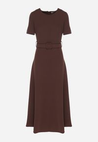 Born2be - Brązowa Rozkloszowana Sukienka Ozdobiona Paskiem Desianna. Okazja: na co dzień. Kolor: brązowy. Wzór: aplikacja. Styl: klasyczny, elegancki, casual #4