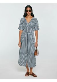 Big-Star - Sukienka damska midi z wiskozy w paski granatowo-białe Zissa 403. Okazja: do pracy, na co dzień, na spotkanie biznesowe. Kolor: niebieski. Materiał: wiskoza. Długość rękawa: krótki rękaw. Wzór: paski. Styl: biznesowy, klasyczny, casual. Długość: midi #1