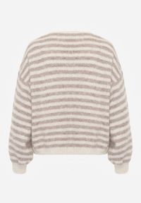 Renee - Beżowy Nietoperzowy Kardigan z Domieszką Wełny w Paski Fesaira. Okazja: na co dzień. Typ kołnierza: dekolt w serek. Kolor: beżowy. Materiał: wełna. Wzór: paski. Styl: casual #6