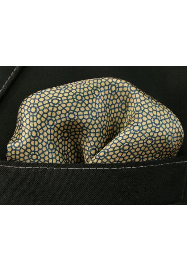 Granatowo-Złota Męska Poszetka -EM Men's Accessories- 100% JEDWAB, Chusteczka, Wzór Geometryczn. Kolor: złoty, wielokolorowy, niebieski, żółty. Materiał: jedwab. Wzór: geometria