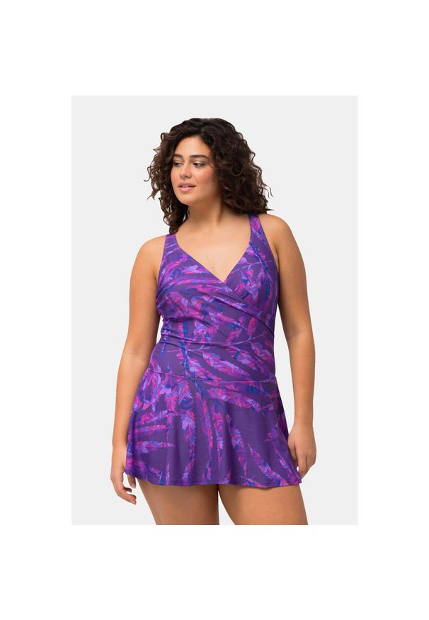 ULLA POPKEN - Damska Sukienka Kąpielowa liście miękkie miseczki marszczenia. Kolekcja: plus size. Kolor: fioletowy. Materiał: elastan, poliamid, materiał