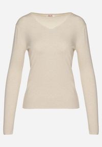 Born2be - Jasnobeżowy Sweter z Bawełną i Dekoltem w Serek Etarevia. Okazja: na co dzień. Typ kołnierza: dekolt w serek. Kolor: beżowy. Materiał: bawełna. Styl: casual #3