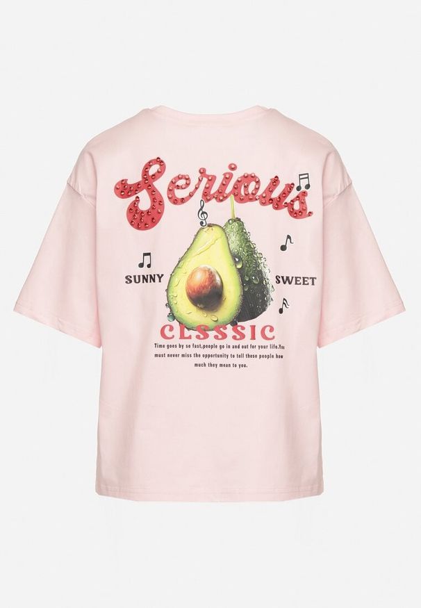 Born2be - Różowy T-shirt z Bawełną i Motywem Awokado Addixa. Okazja: na co dzień. Kolor: różowy. Materiał: bawełna. Styl: klasyczny, casual