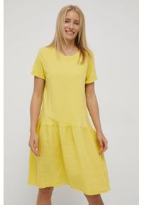 Deha sukienka kolor żółty mini rozkloszowana. Kolor: żółty. Długość rękawa: krótki rękaw. Długość: mini