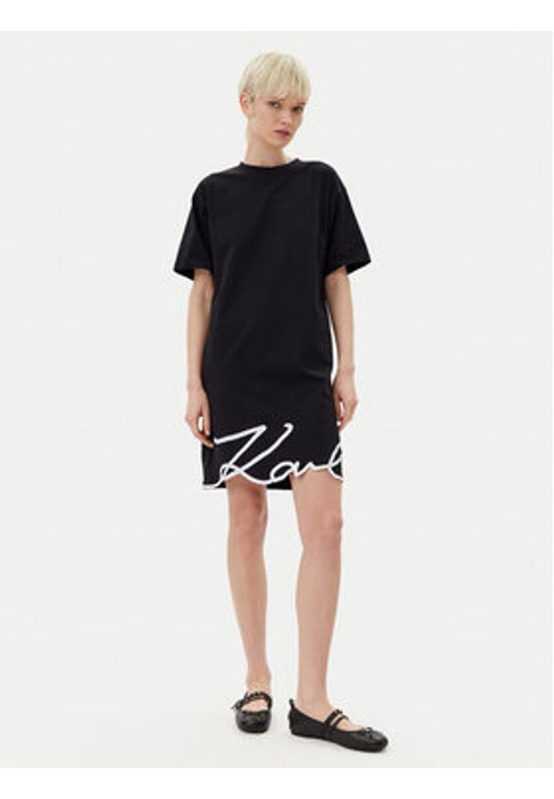 Karl Lagerfeld - KARL LAGERFELD Sukienka codzienna A1W13001 Czarny Regular Fit. Okazja: na co dzień. Typ kołnierza: dekolt w karo. Kolor: czarny. Materiał: bawełna. Typ sukienki: proste. Styl: casual