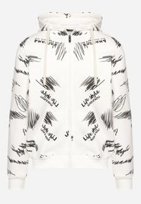 Born2be - Biała Bluza z Bawełną Zapinana na Suwak z Napisami i Kapturem Wykończona Polarem Hadela. Okazja: na co dzień. Typ kołnierza: kaptur. Kolor: biały. Materiał: bawełna, polar. Wzór: napisy. Styl: casual #3