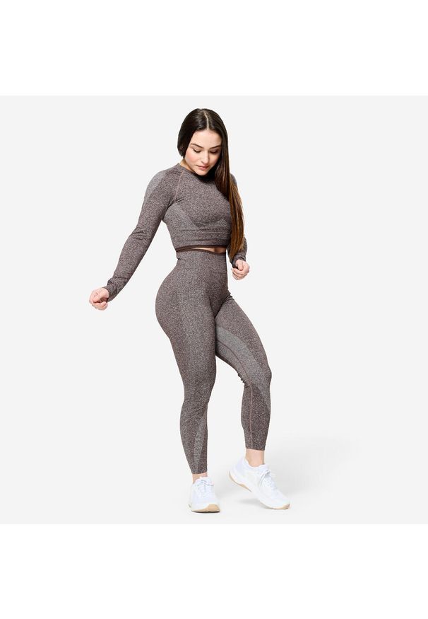 DOMYOS - Legginsy do treningu siłowego damskie Domyos seamless. Kolor: fioletowy, biały, brązowy, wielokolorowy. Materiał: materiał, poliamid, poliester, elastan. Sport: fitness