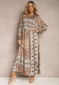 Renee - Beżowa Sukienka Maxi Boho z Bufiastym Rękawem i Rozkloszowanym Dołem Veltiana. Okazja: na co dzień. Kolor: beżowy. Materiał: materiał. Typ sukienki: rozkloszowane, proste. Styl: boho. Długość: maxi